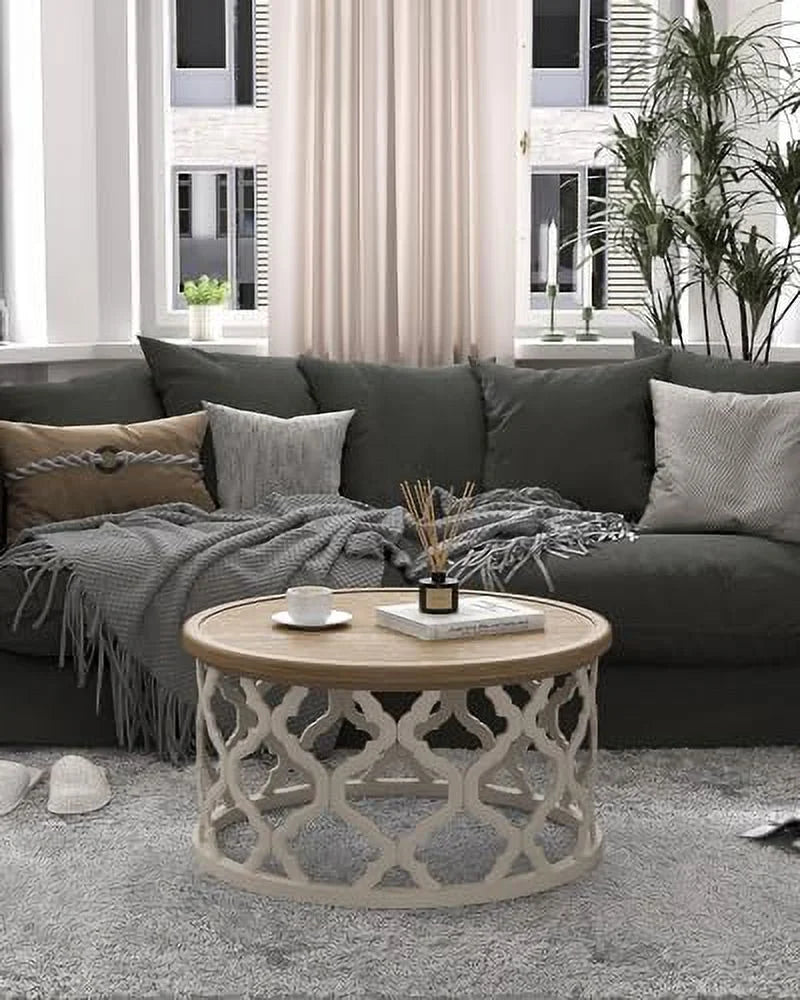 30'' Round Distressed Wood Coffee Table with Shelf L366