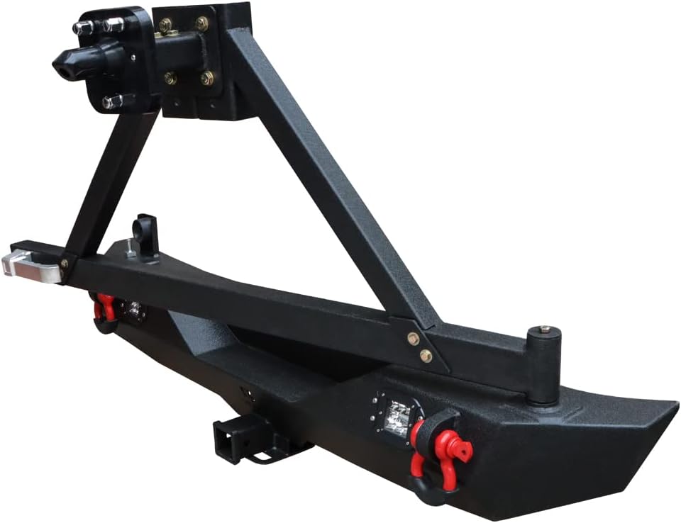 Textured Black Rear Bumper with Tire Bracket, LED Light, D-Ring, Rear Camera Mounting Holes S28814