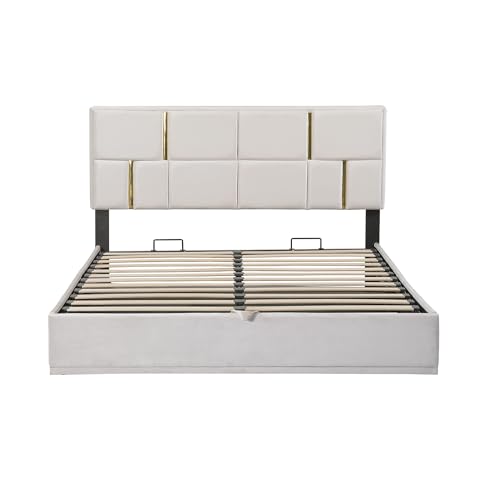 Beige Queen Upholstered Platform Bed with Storage Ottoman E421336