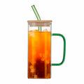 Green Square Glass Cups with Bamboo Lids and Straw S654