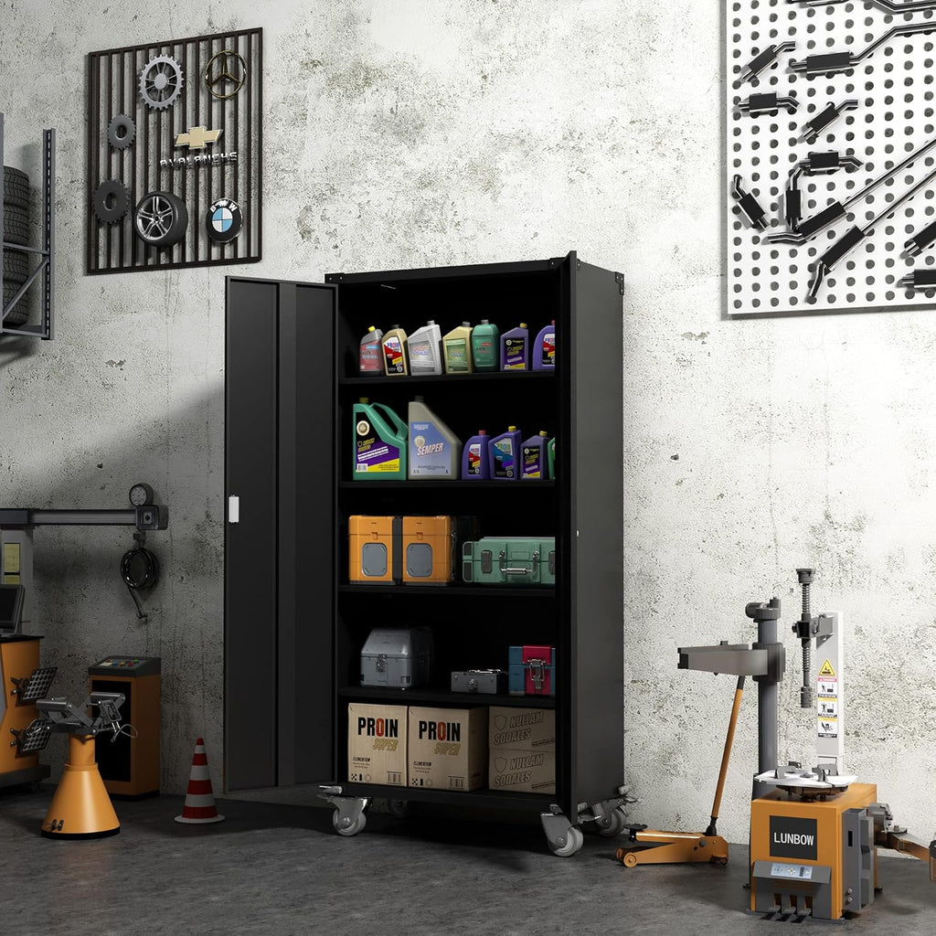 Black Steel Storage Cabinet with Wheels, 72'' Tall E32906