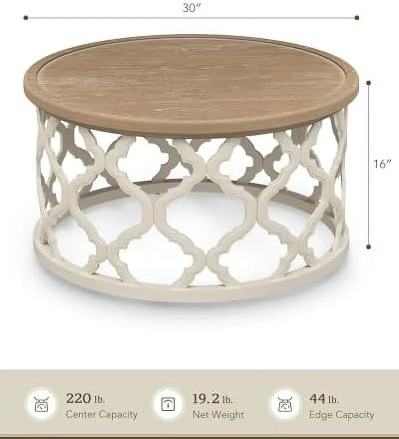 30'' Round Distressed Wood Coffee Table with Shelf L366