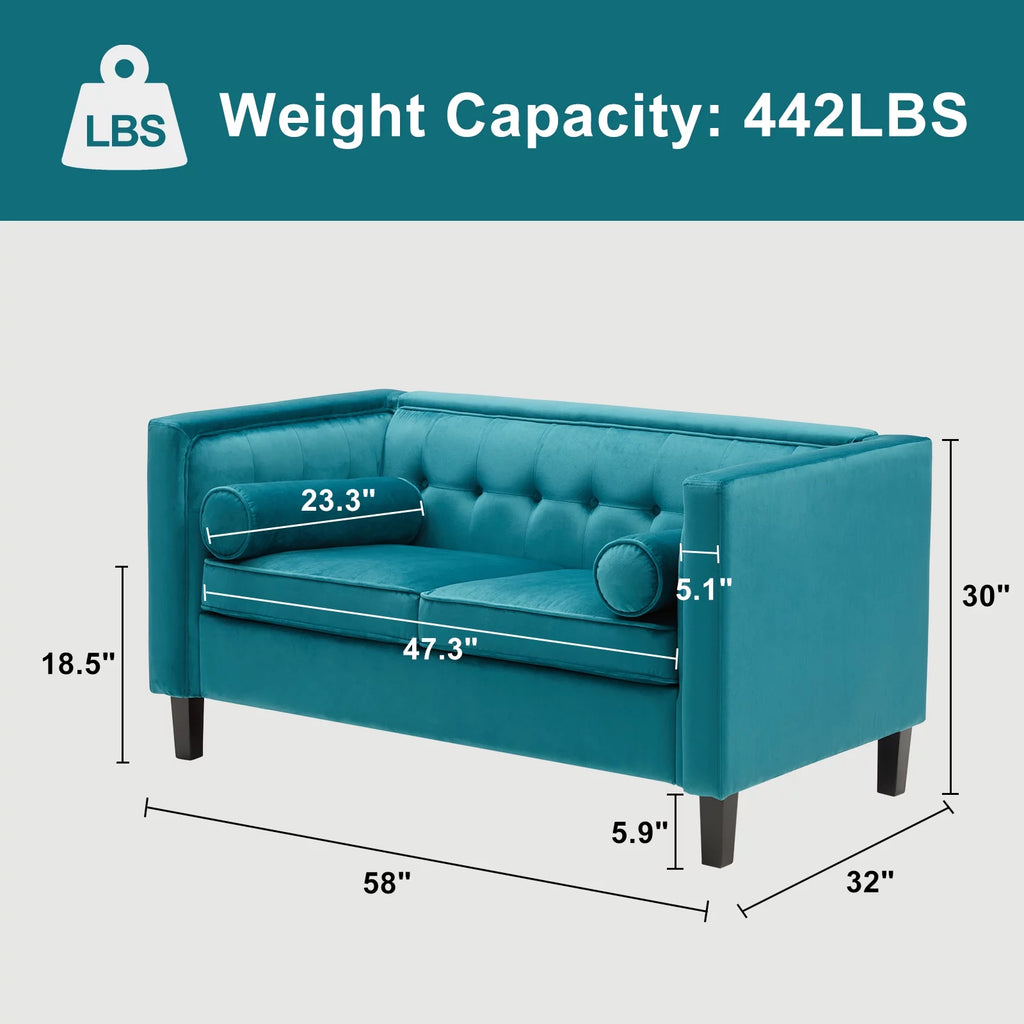 Peacock Blue Velvet Sofa with Bolster Pillows R975