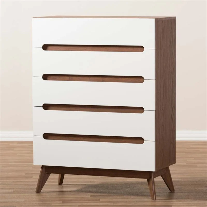 Mid Century Modern White and Walnut Chest and Nightstand Set P5536