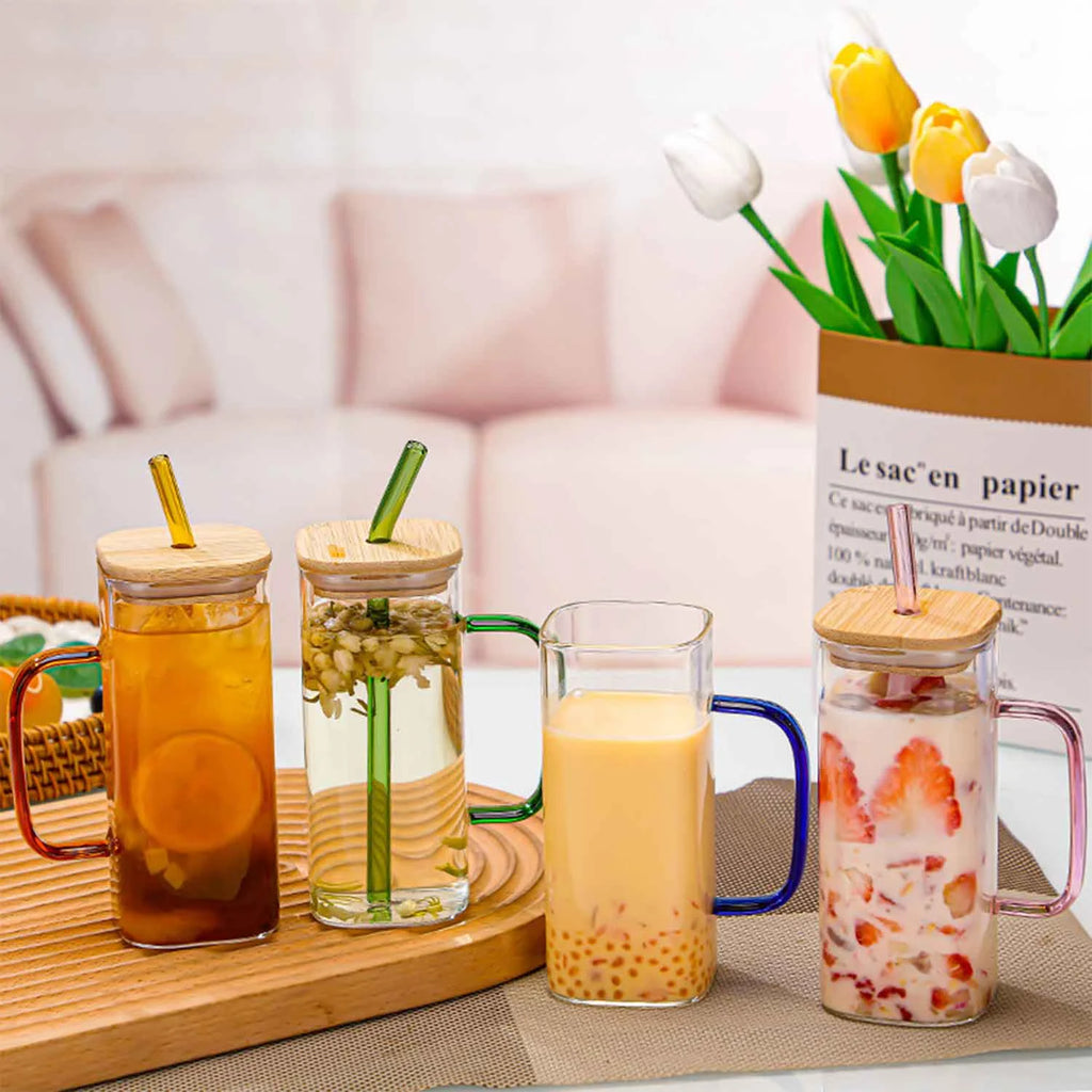 Green Square Glass Cups with Bamboo Lids and Straw S654