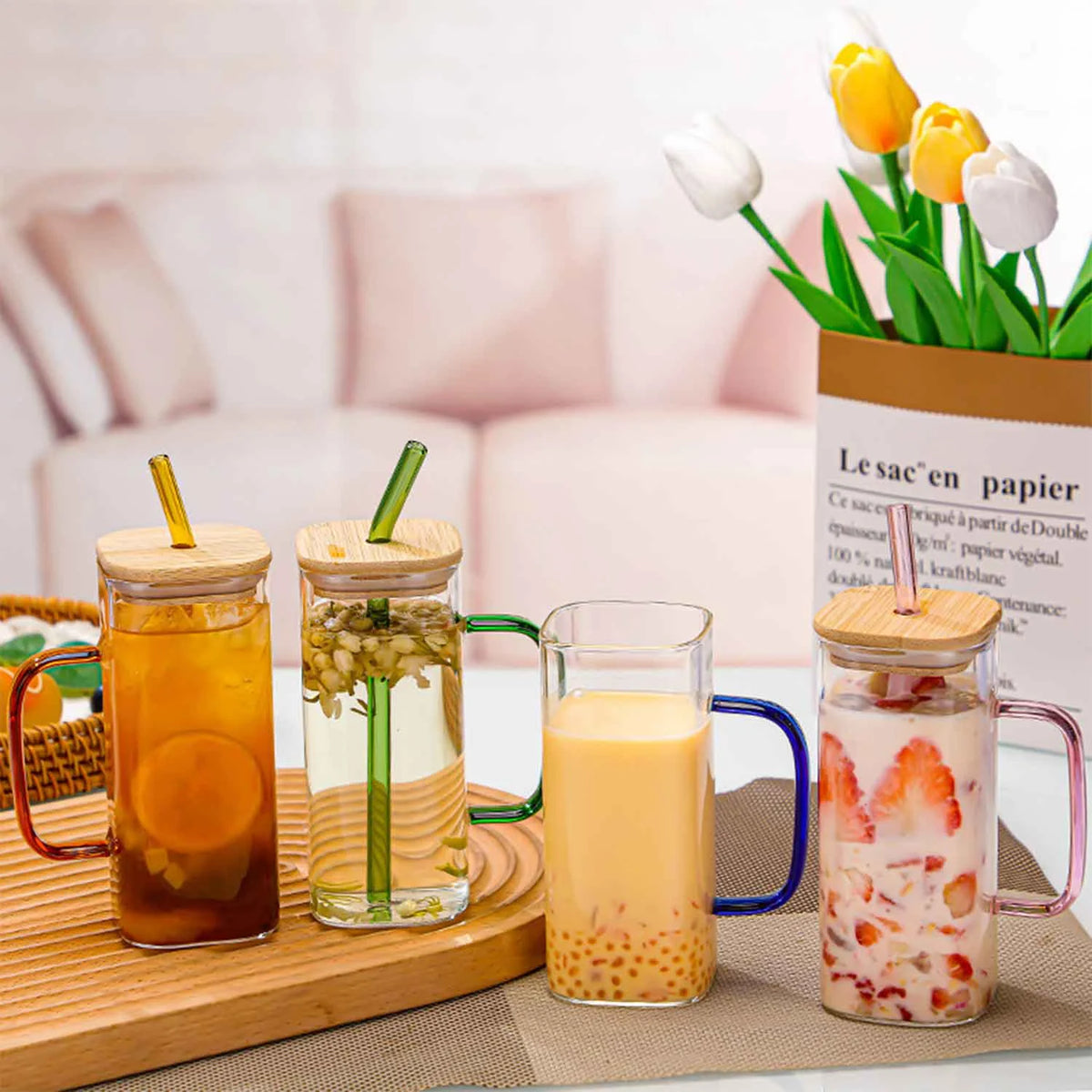 Green Square Glass Cups with Bamboo Lids and Straw S654
