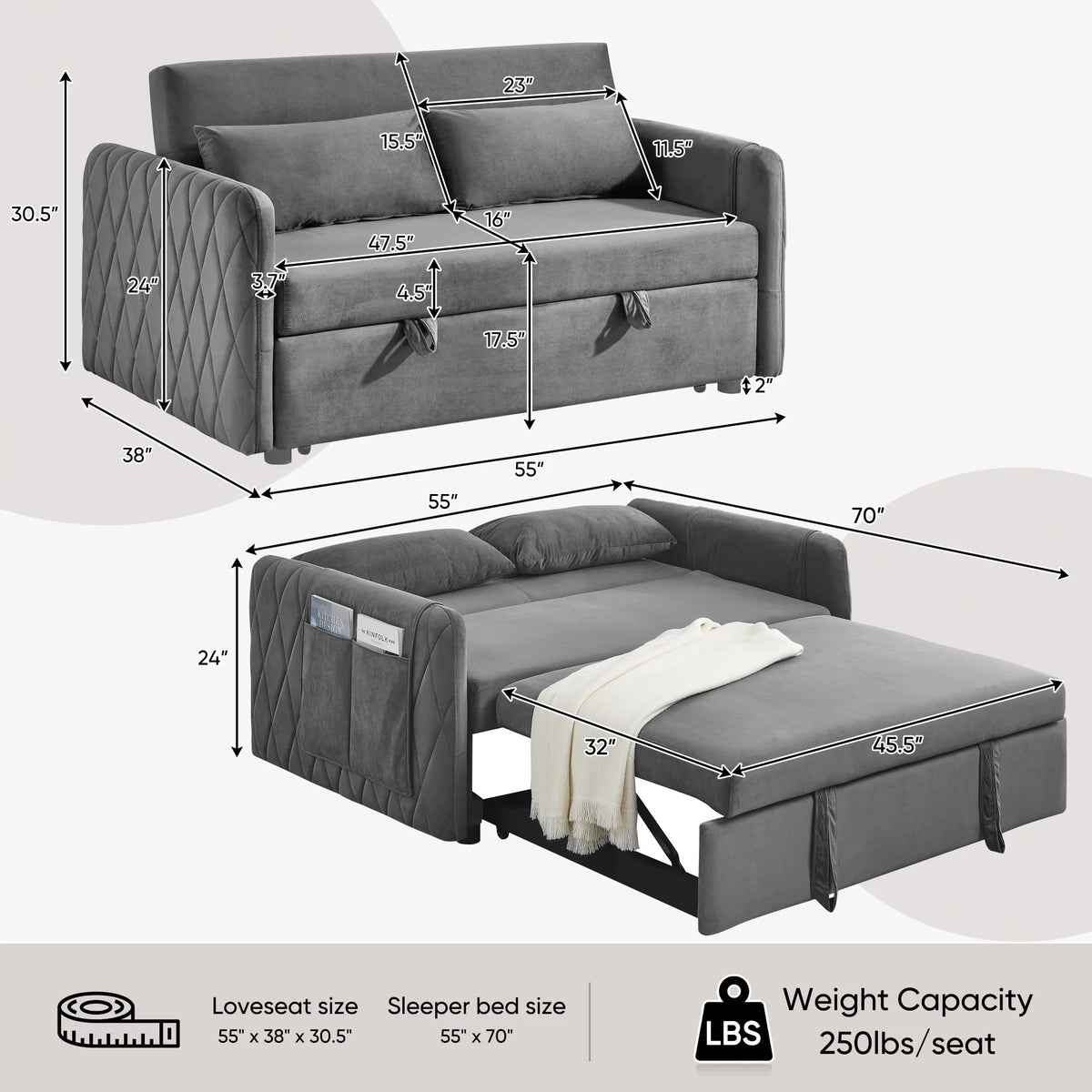 Gray 2-Seat Futon Sofa Bed Q2498