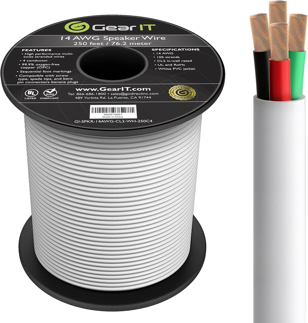 12AWG 4 Conductors CL2 Rated OFC Oxygen-Free Copper Speaker Wire Cable, White, 250 Feet A310226