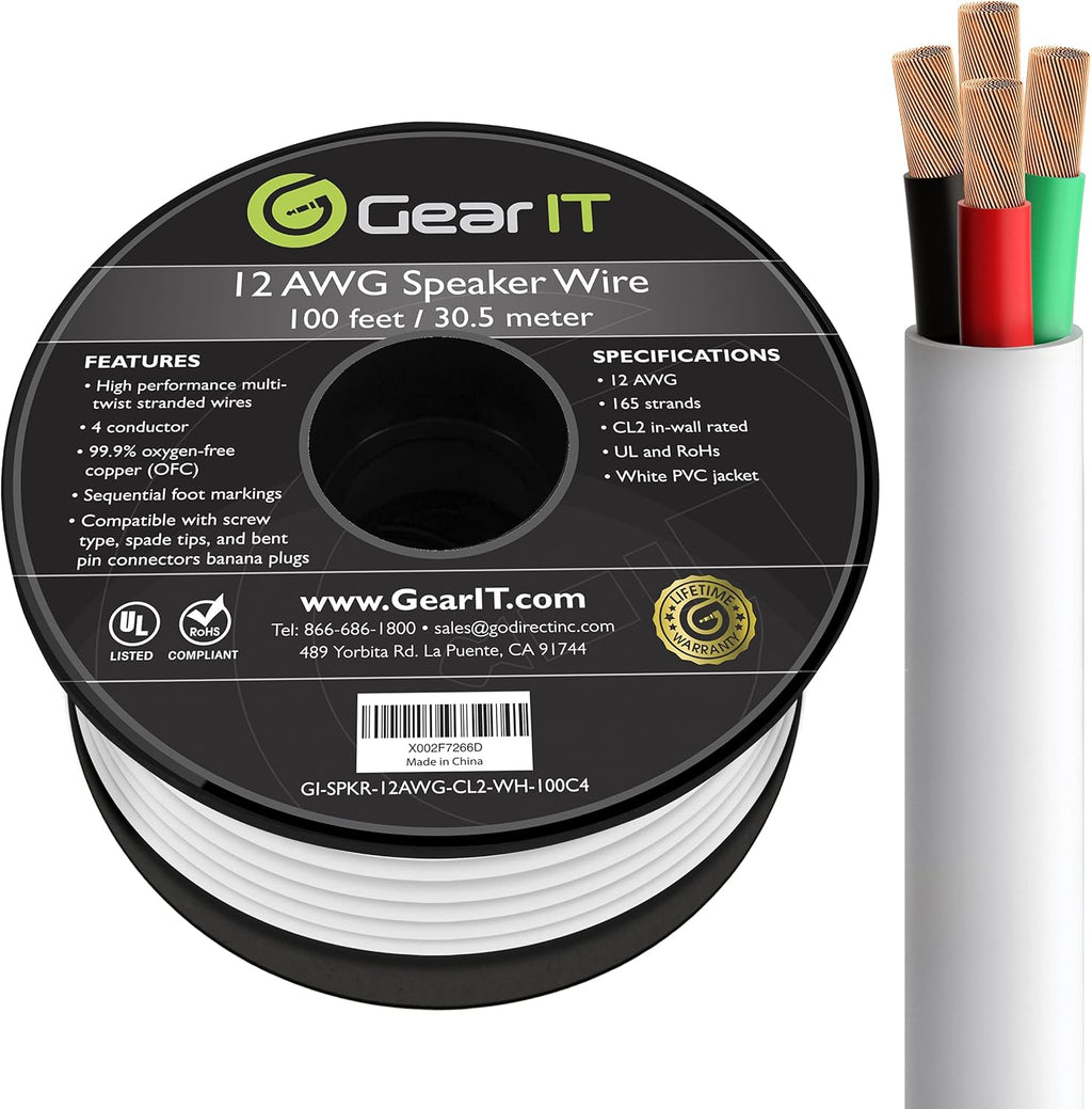 12AWG 4 Conductors CL2 Rated OFC Oxygen-Free Copper Speaker Wire Cable, White, 250 Feet A310226