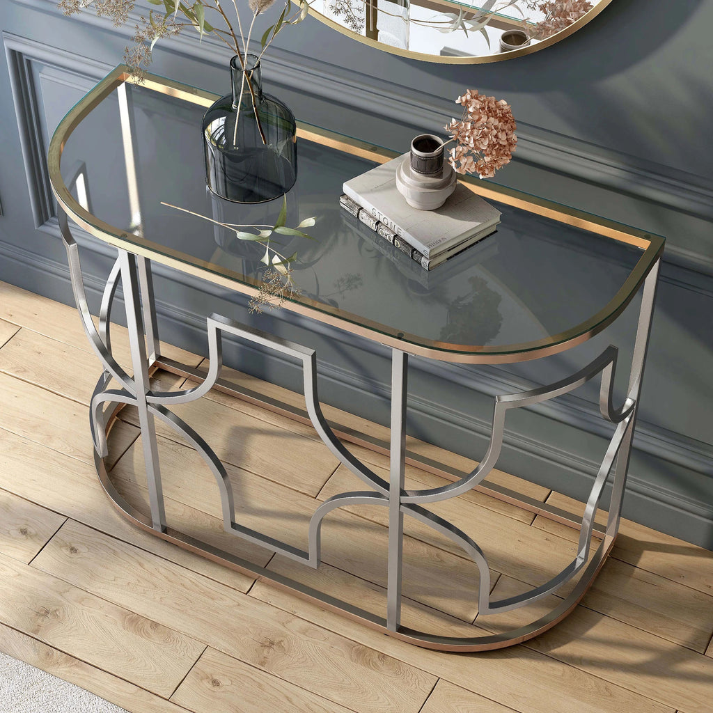 Glass Top Chrome and Gold Sofa Table W677952