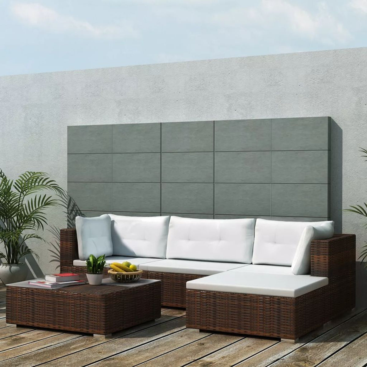 5 Piece Outdoor Sectional Sofa Lounge with Coffee Table and Ottoman Set Cushioned Poly Rattan B922828