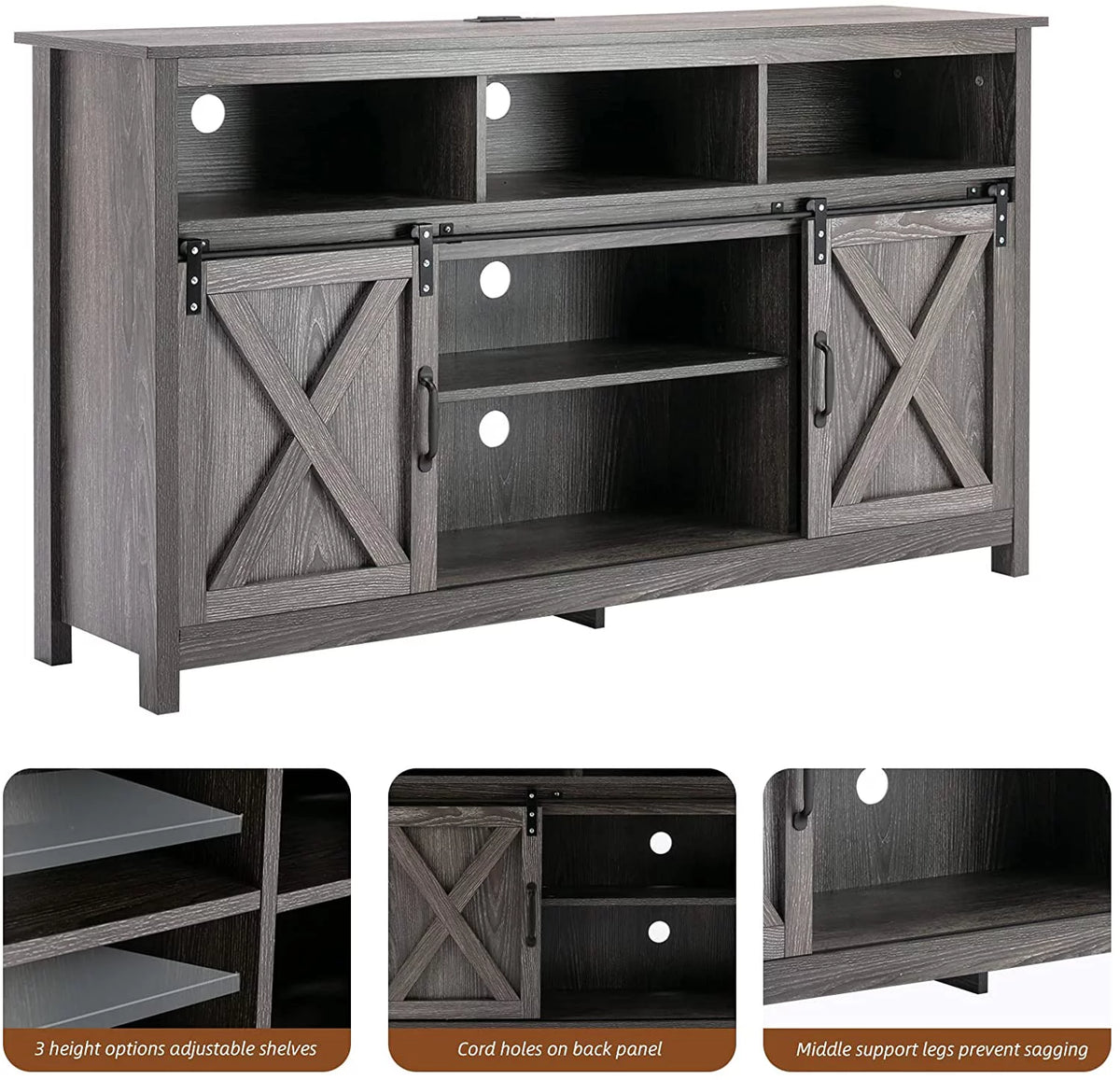 Farmhouse Barn Door TV Cabinet Media Console with Open Shelves White Y472207