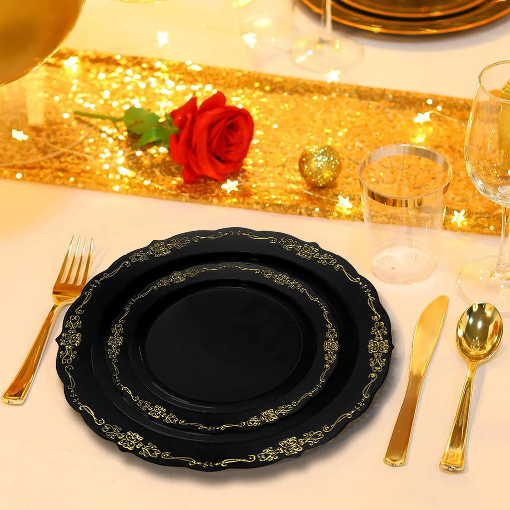 Black Gold Disposable Plastic Wedding Value Set (60 Guests) H164642
