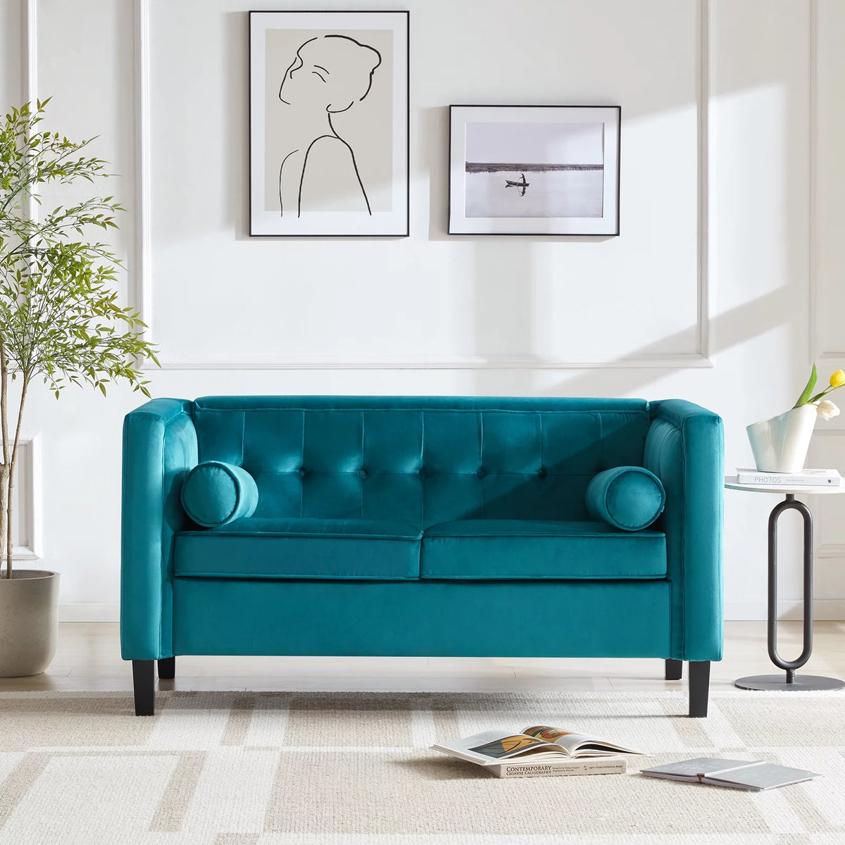 Peacock Blue Velvet Sofa with Bolster Pillows R975