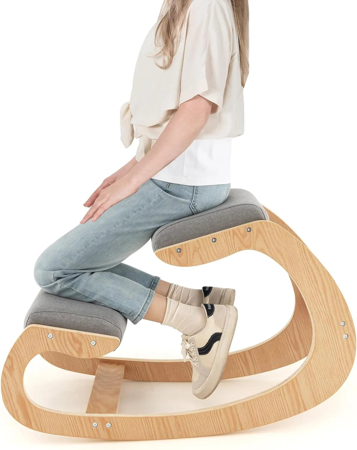 Ergonomic Kneeling Chair with Cushion Solid Wood Frame Gray A7259