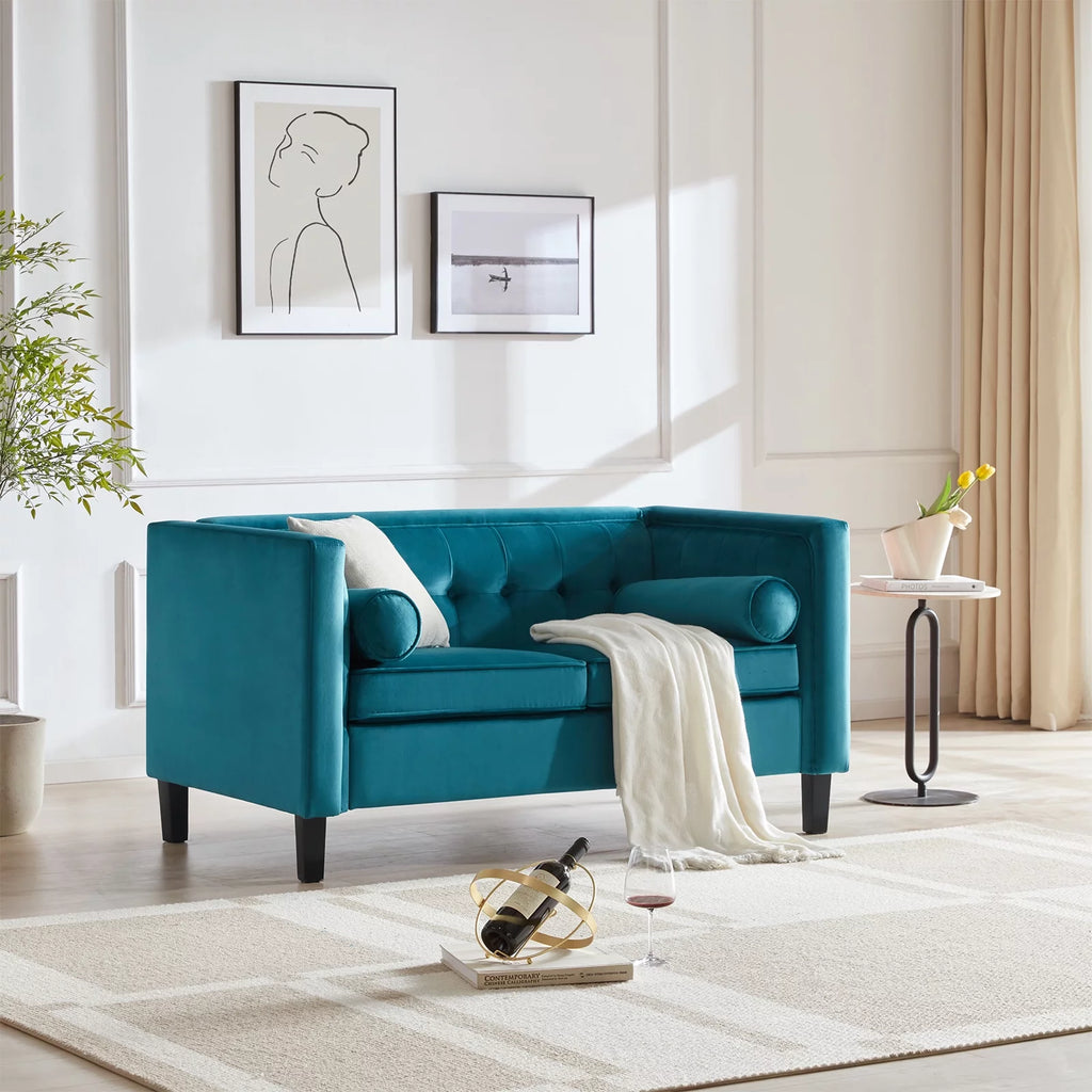 Peacock Blue Velvet Sofa with Bolster Pillows R975