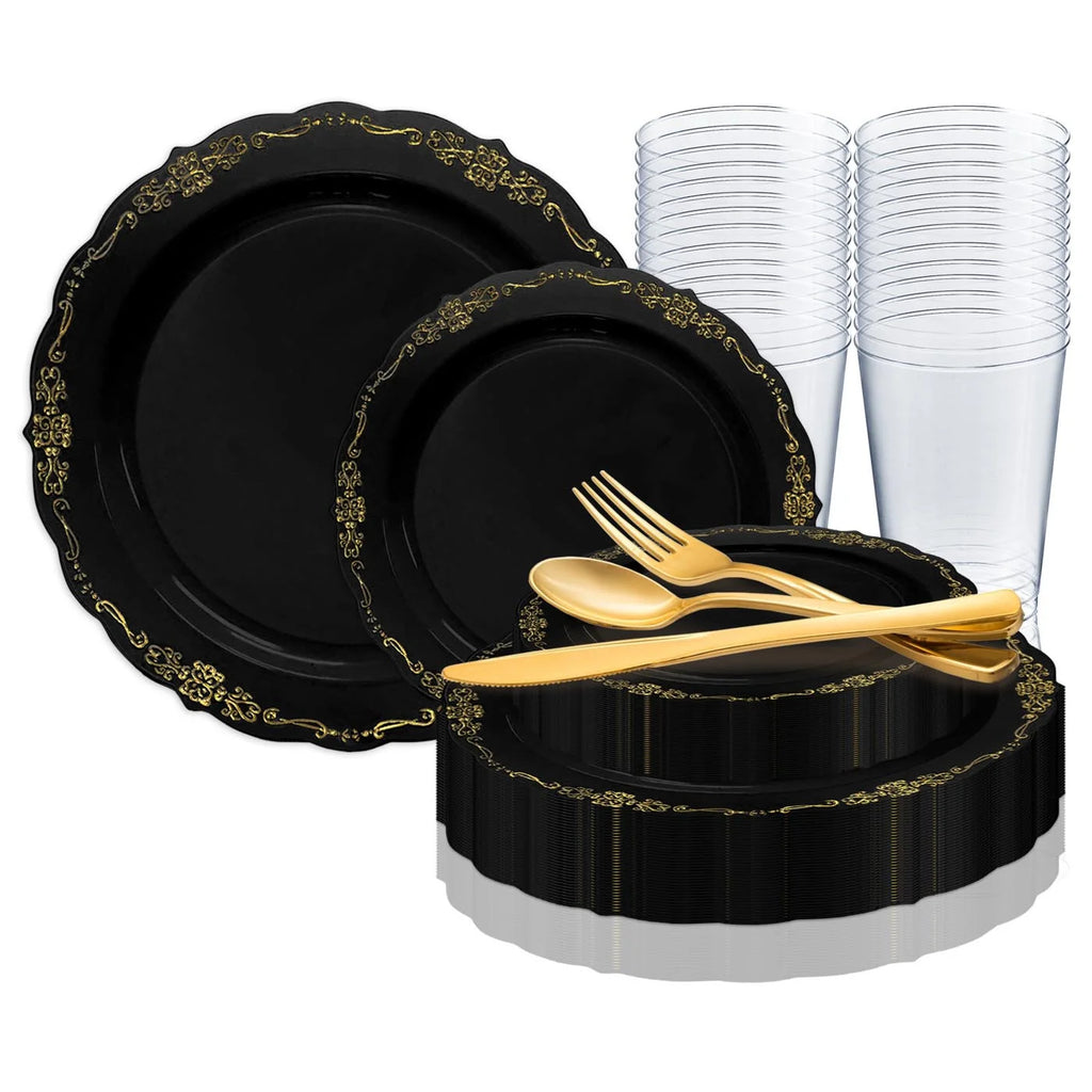 Black Gold Disposable Plastic Wedding Value Set (60 Guests) H164642