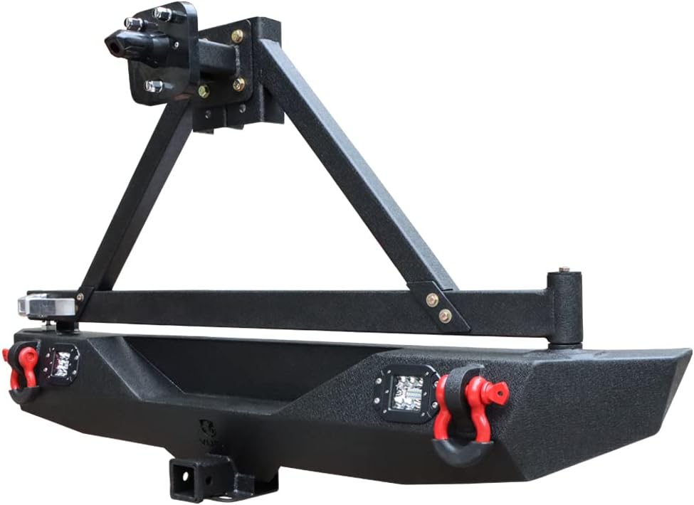 Textured Black Rear Bumper with Tire Bracket, LED Light, D-Ring, Rear Camera Mounting Holes S28814