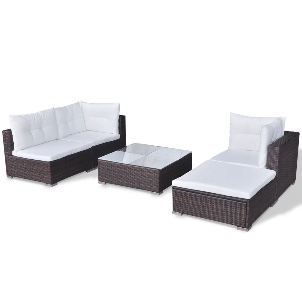 5 Piece Outdoor Sectional Sofa Lounge with Coffee Table and Ottoman Set Cushioned Poly Rattan B922828