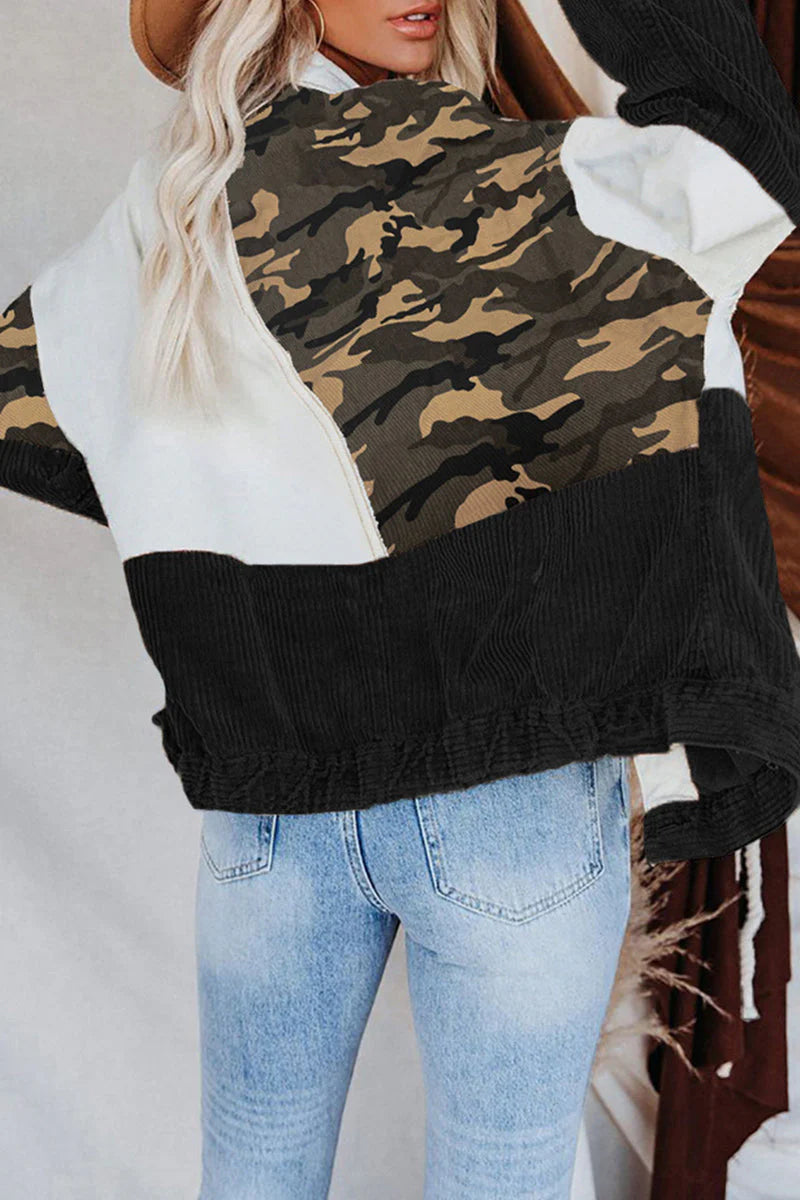 Camouflage Print Tassel Buckle Turndown Collar Outerwear N902111