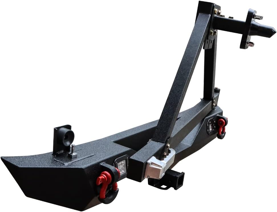 Textured Black Rear Bumper with Tire Bracket, LED Light, D-Ring, Rear Camera Mounting Holes S28814