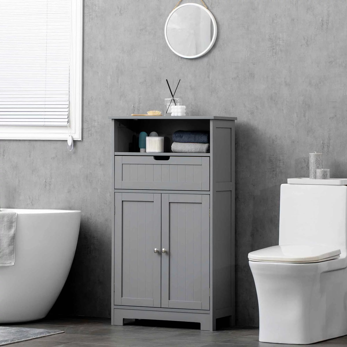 Grey Freestanding Bathroom Storage Cabinet with Drawer and Adjustable Shelf Q219