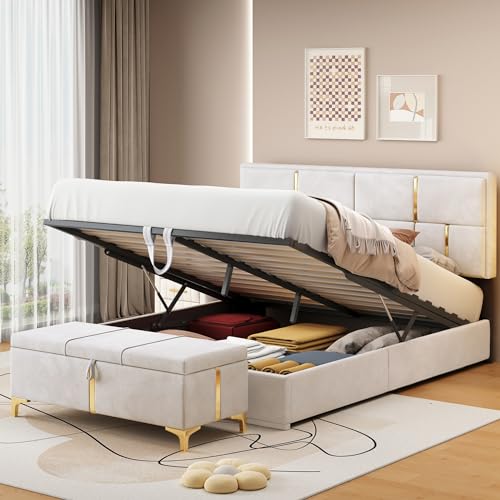 Beige Queen Upholstered Platform Bed with Storage Ottoman E421336
