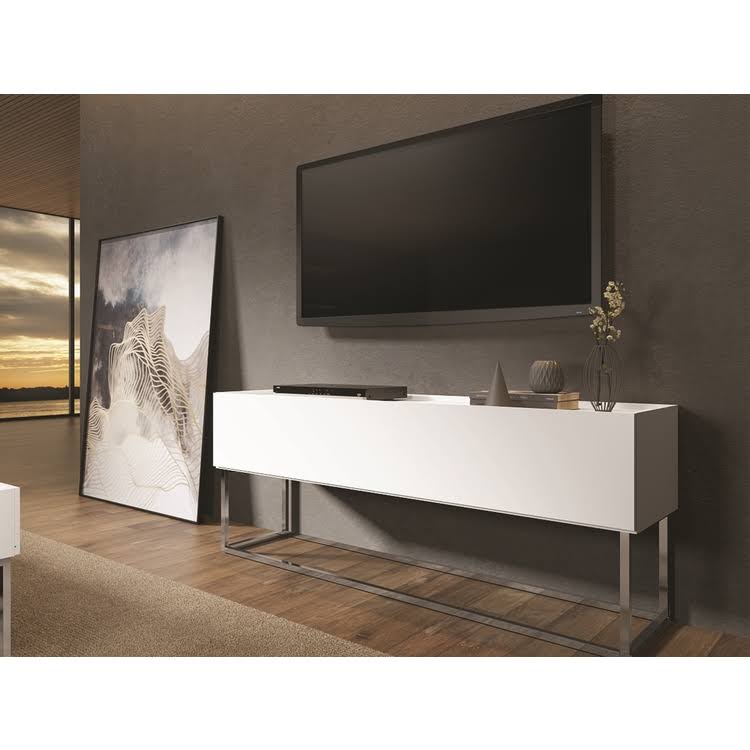 Matte White and Chrome Plated Low Entertainment Center O82741