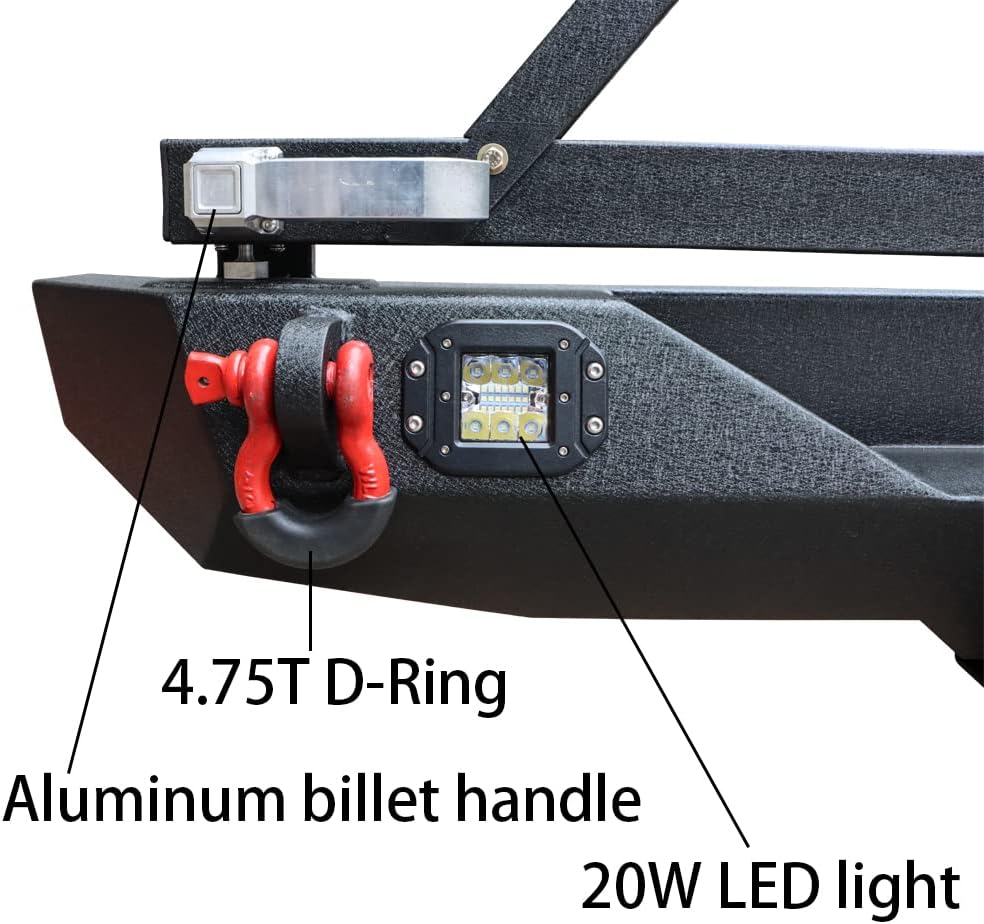 Textured Black Rear Bumper with Tire Bracket, LED Light, D-Ring, Rear Camera Mounting Holes S28814