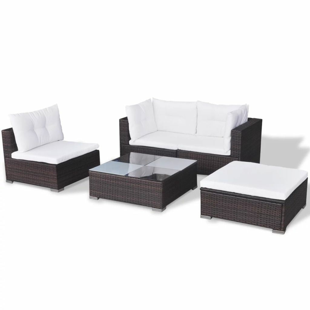 5 Piece Outdoor Sectional Sofa Lounge with Coffee Table and Ottoman Set Cushioned Poly Rattan B922828