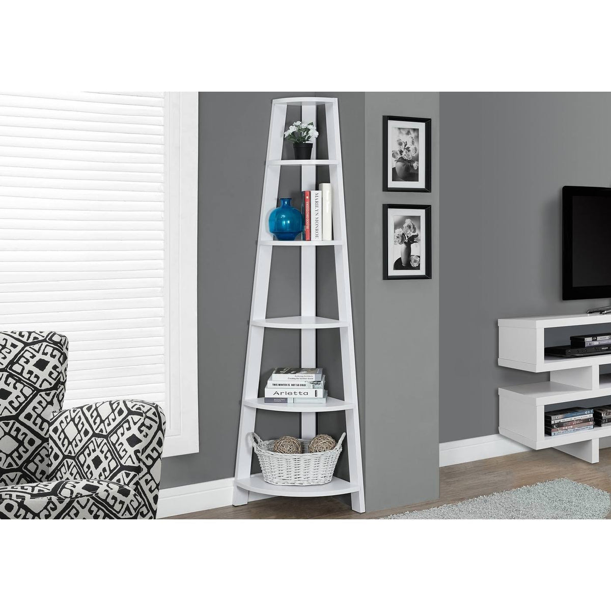 White Corner Accent Etagere Bookcase L620