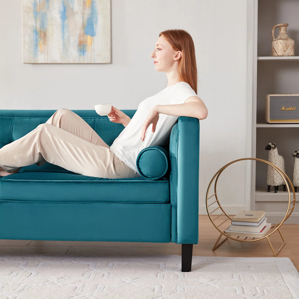 Peacock Blue Velvet Sofa with Bolster Pillows R975