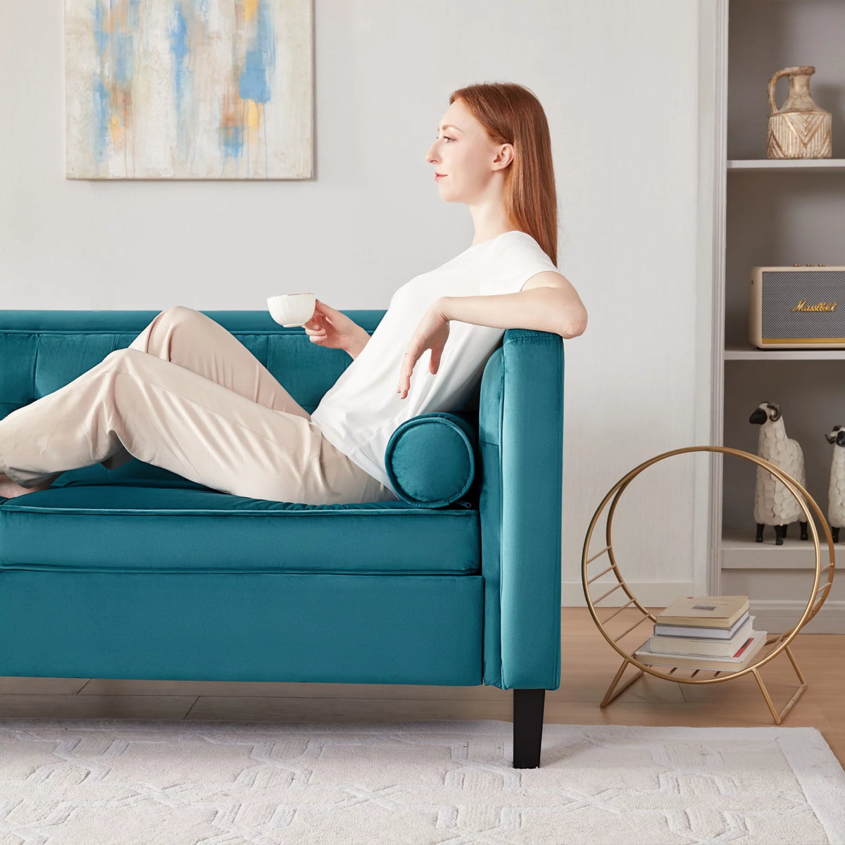 Peacock Blue Velvet Sofa with Bolster Pillows R975
