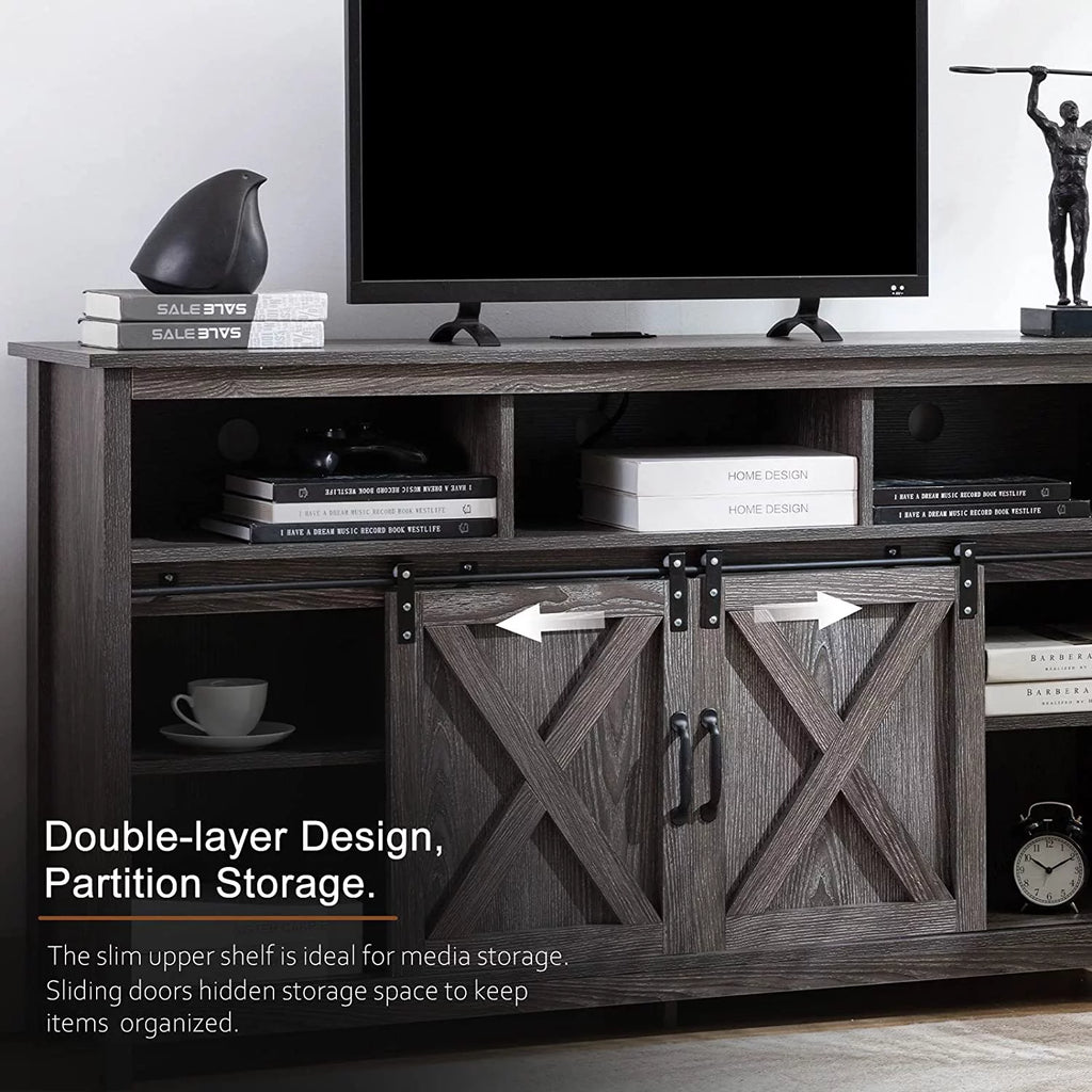 Farmhouse Barn Door TV Cabinet Media Console with Open Shelves White Y472207