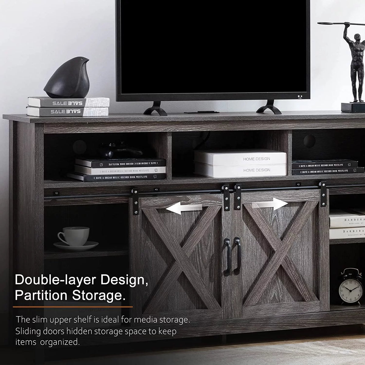 Farmhouse Barn Door TV Cabinet Media Console with Open Shelves White Y472207