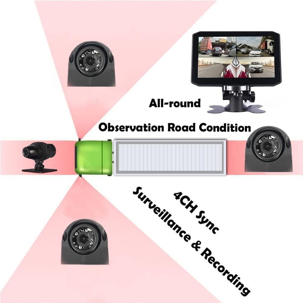 4CH Dash Cam Backup Camera 7.0'' Monitor Recording DVR Front & Sides & Rear VGA with Infrared Night Vision Lens D193