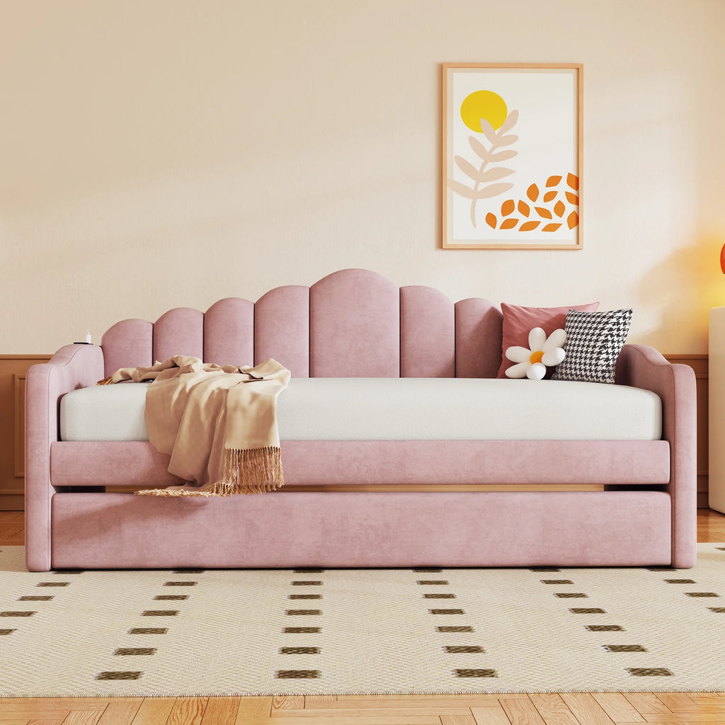 Pink Velvet Twin Size Upholstered Daybed with Trundle H662