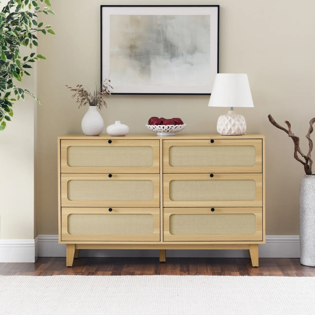 6 Drawer Wooden Dresser with Rattan Drawers Q33499