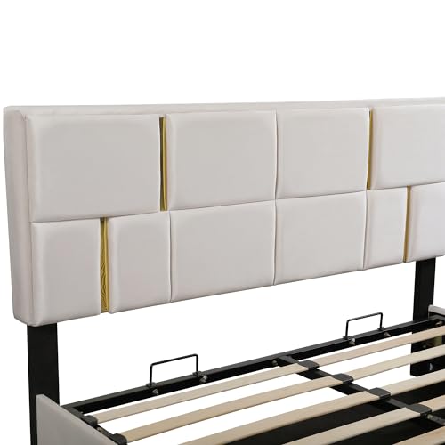 Beige Queen Upholstered Platform Bed with Storage Ottoman E421336