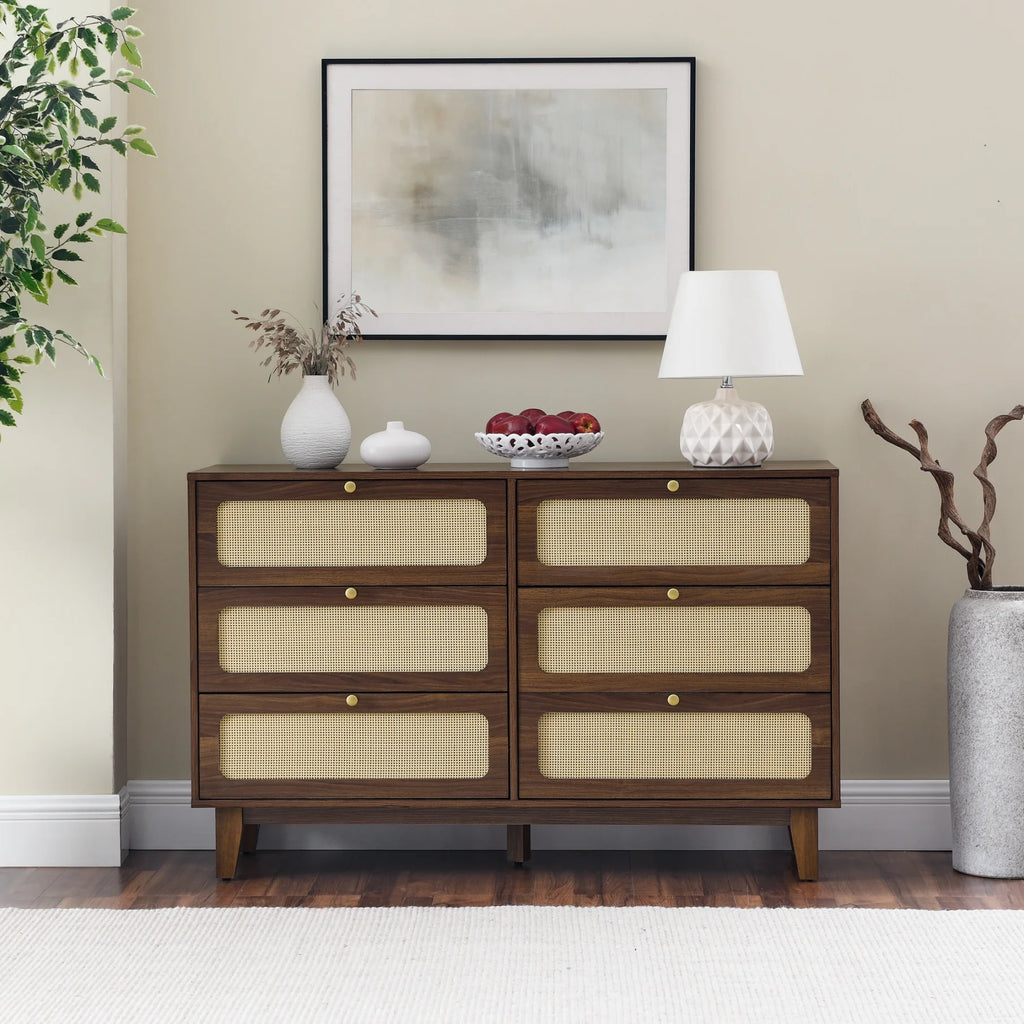 6 Drawer Wooden Dresser with Rattan Drawers Q33499