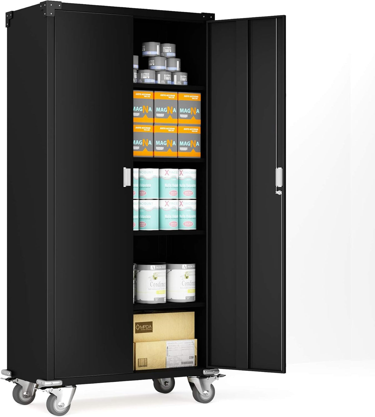 Black Steel Storage Cabinet with Wheels, 72'' Tall E32906