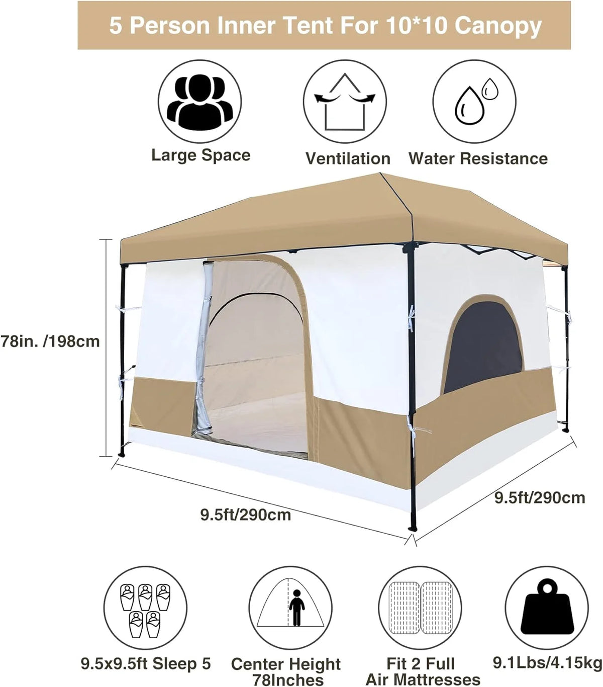 10' x 10' Khaki Camping Inner Tent Square Tent with Full Floor W257387