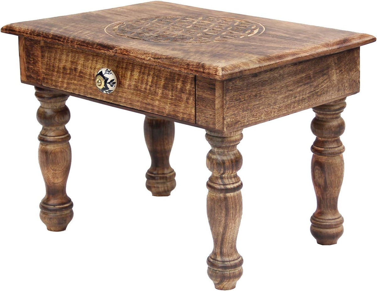 Solid Mango Wood Hand Carved Puja Shrine Altar Table U877