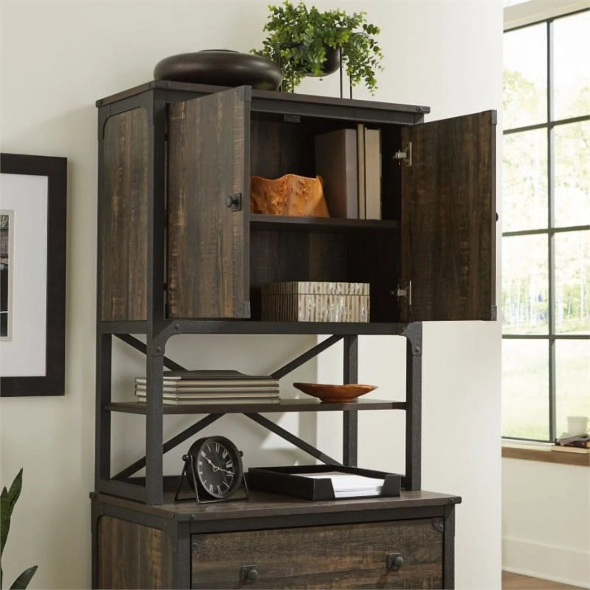 Engineered Wood Library Hutch in Carbon Oak Finish O102